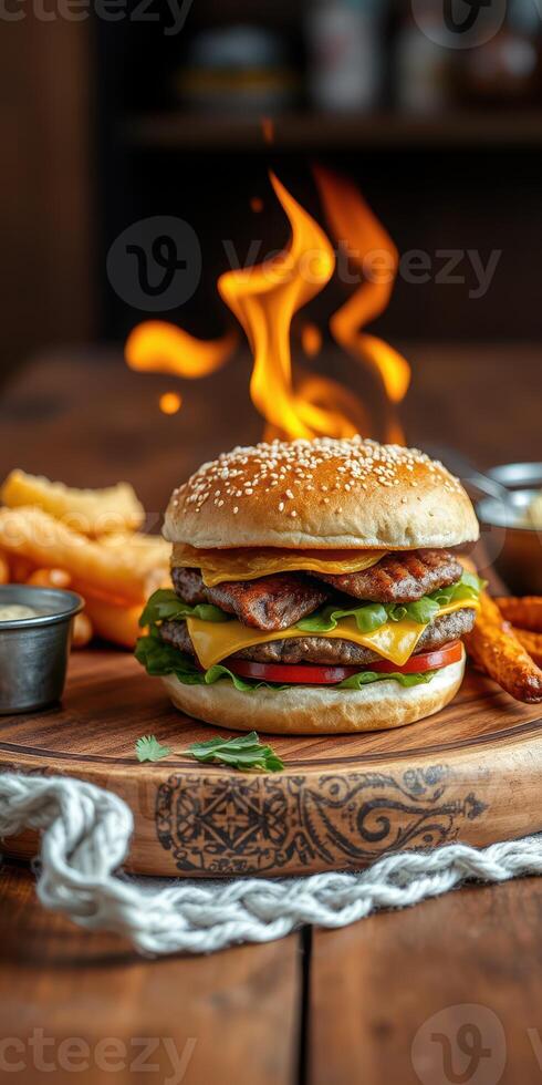 Juicy burger with cheese and crispy fries served on a wooden platter with flames in the background photo