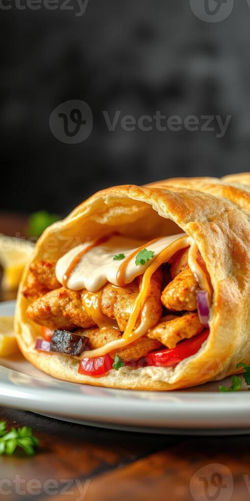 Delicious wrap filled with grilled chicken, fresh vegetables, and creamy sauce on a wooden table photo