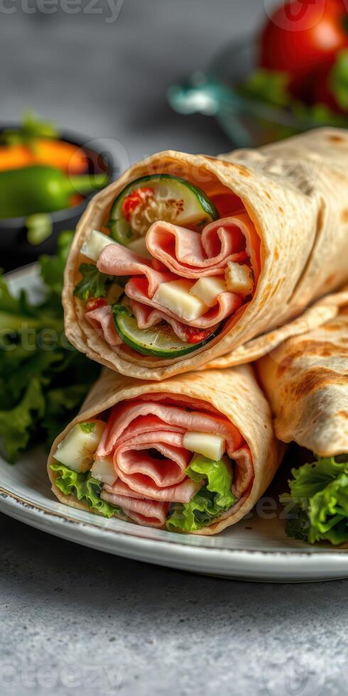 Delicious wraps filled with layers of deli meat, fresh vegetables, and cheese on a rustic plate photo