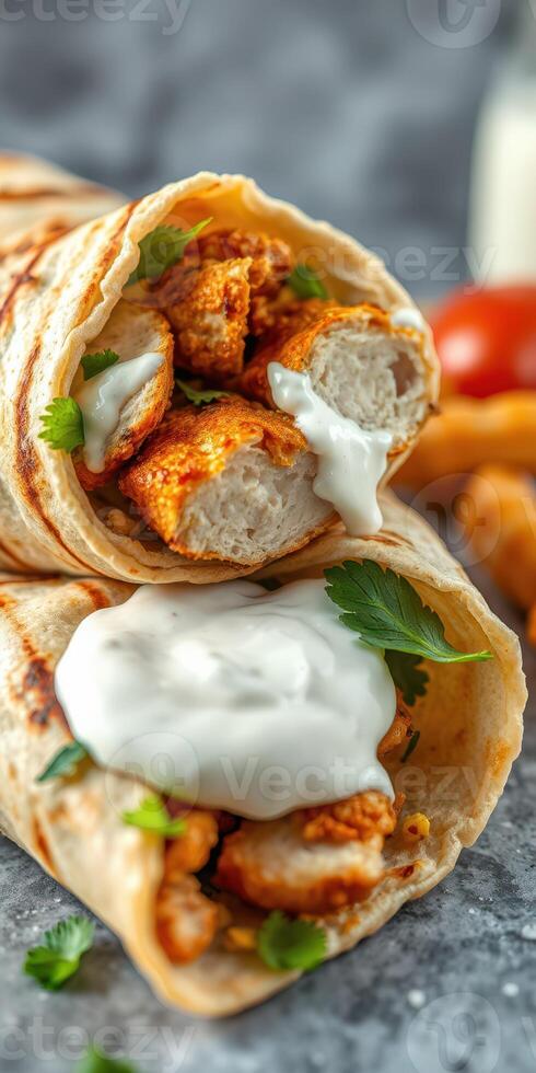 Delicious chicken wrap with creamy sauce and fresh herbs served on a gray background photo