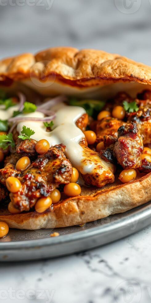 Delicious grilled chicken and beans served in warm pita with creamy sauce and fresh herbs for a tasty meal photo