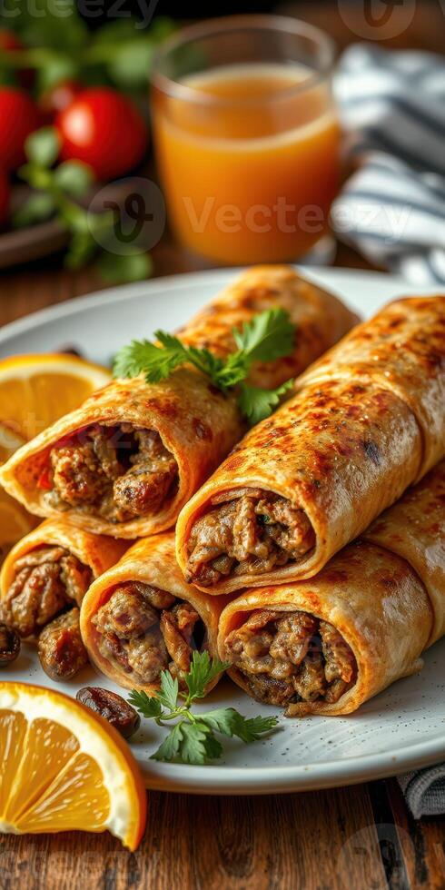 Savor mouthwatering beef taquitos served with fresh garnishes and a refreshing drink in a rustic setting photo