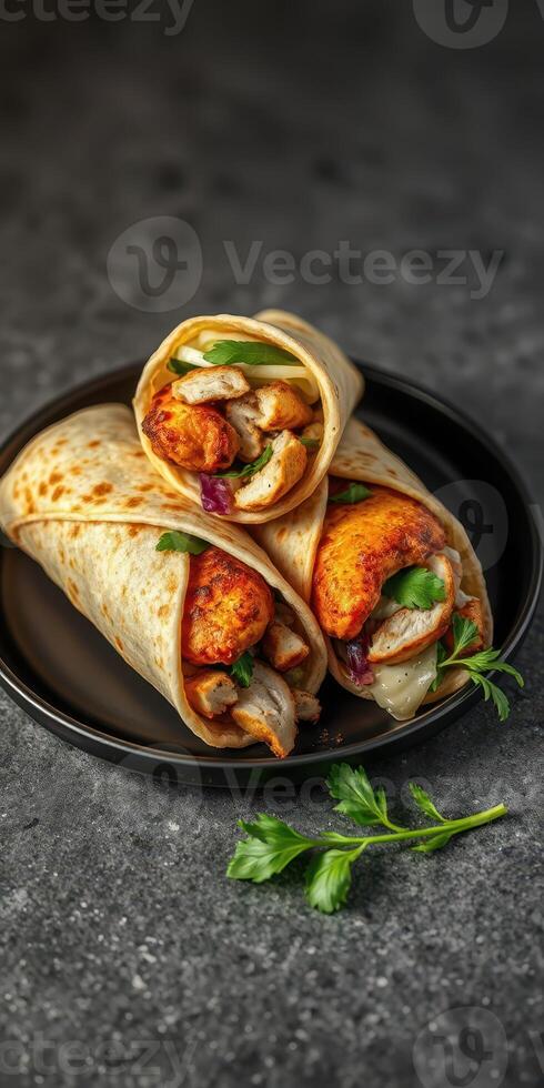 Delicious wraps filled with grilled chicken, onions, and herbs on a dark background photo