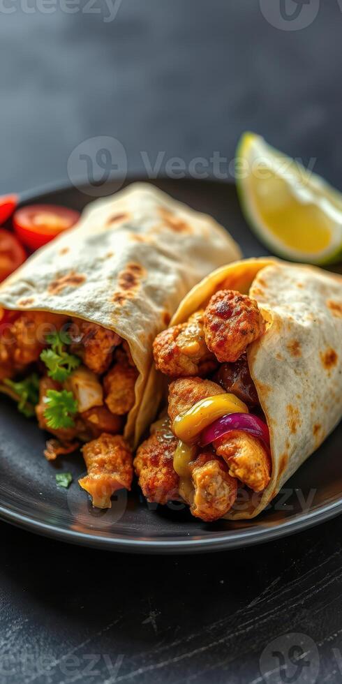 Deliciously crafted burritos filled with vibrant ingredients served on a black plate photo