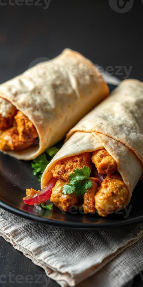 Juicy chicken wraps with spices and fresh toppings served on a black plate photo