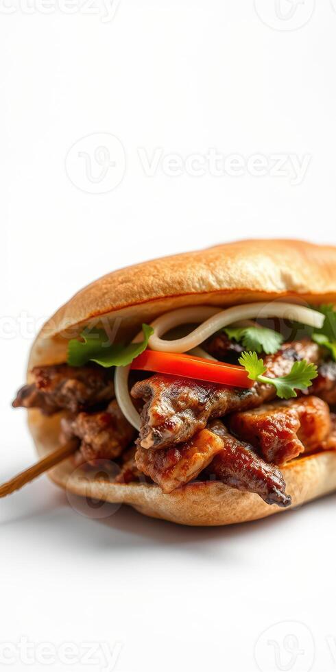 Delicious banh mi sandwich featuring grilled meat, fresh vegetables, and herbs on a soft baguette photo