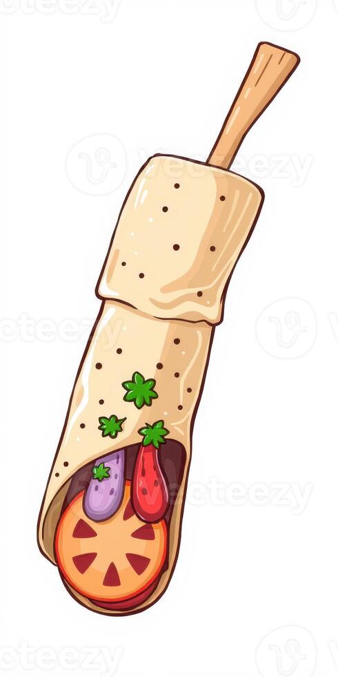Delicious wrap filled with fresh vegetables and sauces prepared in a vibrant kitchen setting during lunchtime photo