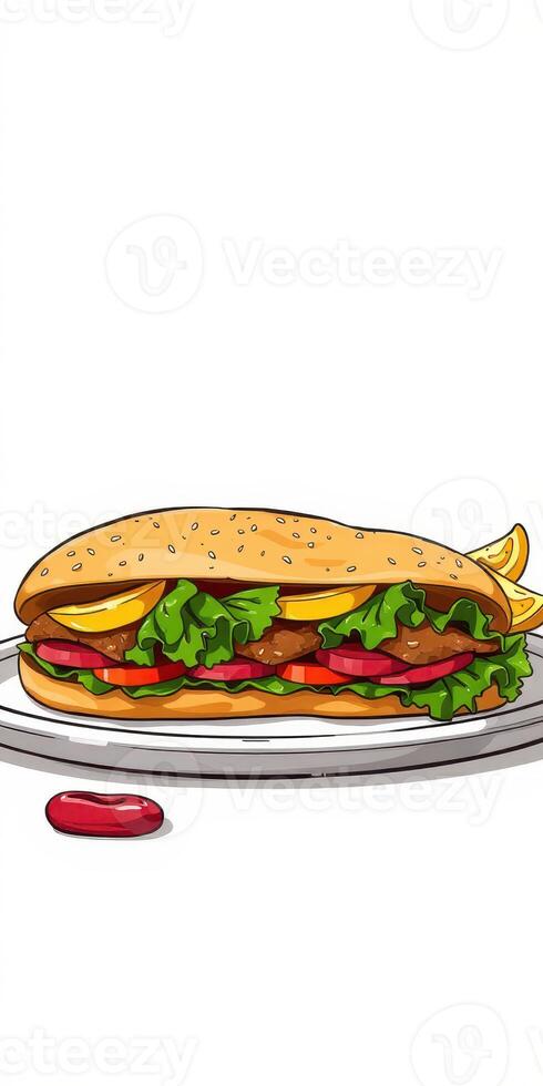 Delicious sandwich filled with fresh vegetables and savory meat served on a plate with sauce and lemon slice photo