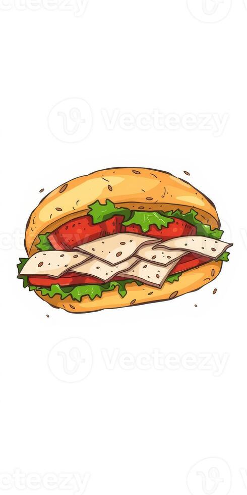 Unique sandwich with fresh lettuce, tomato, and layers of tortilla wrapped in a soft bread roll photo