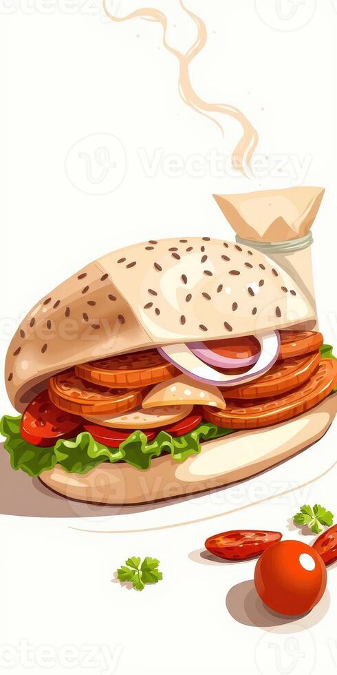 Delicious sandwich featuring fresh vegetables and savory toppings on a soft bun photo