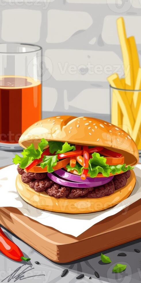 Delicious burger with fresh vegetables served with fries and a drink in a casual dining setting photo