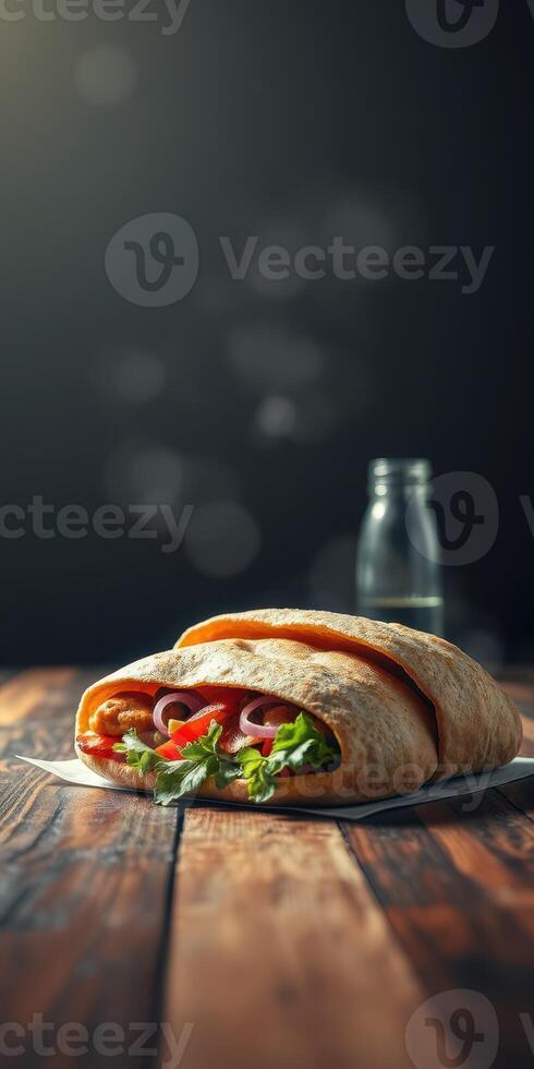 Delicious wrap filled with fresh vegetables and meats on a rustic wooden table with a bottle in the background photo