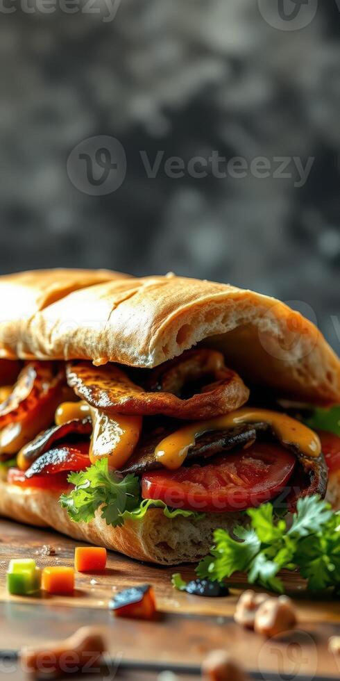 Delicious sandwich filled with grilled vegetables, tomato, and creamy sauce served on a rustic wooden table photo