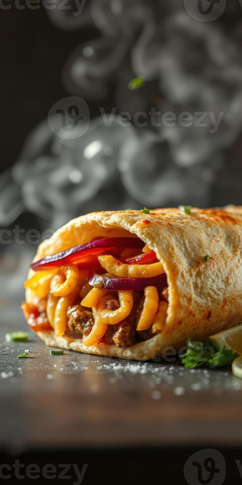 Delicious wrapped dish filled with tender beef, smoky peppers, and savory noodles on a rustic surface photo