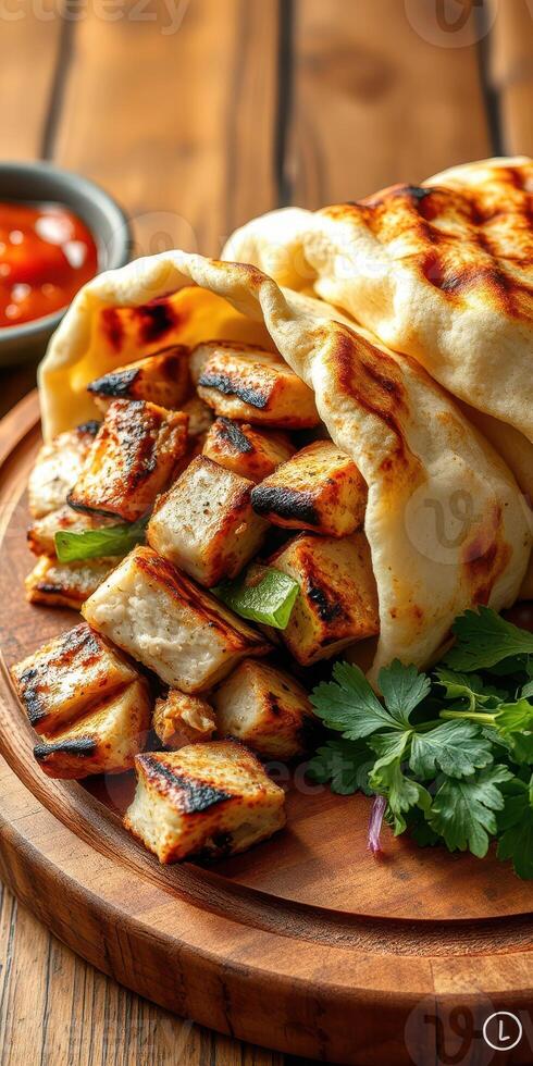 Grilled chicken wrapped in warm flatbread served with spicy sauce and fresh herbs in a cozy setting photo