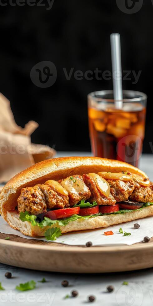 Delicious sandwich filled with grilled meat, fresh vegetables, and served with a cold drink in a cozy setting photo
