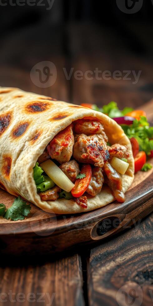 Delicious wrap filled with grilled chicken, vegetables, and sauce served on a wooden platter photo