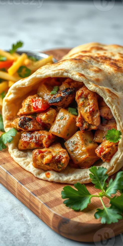 Delicious grilled chicken wrap with fresh vegetables served on a wooden board for a rustic meal experience photo