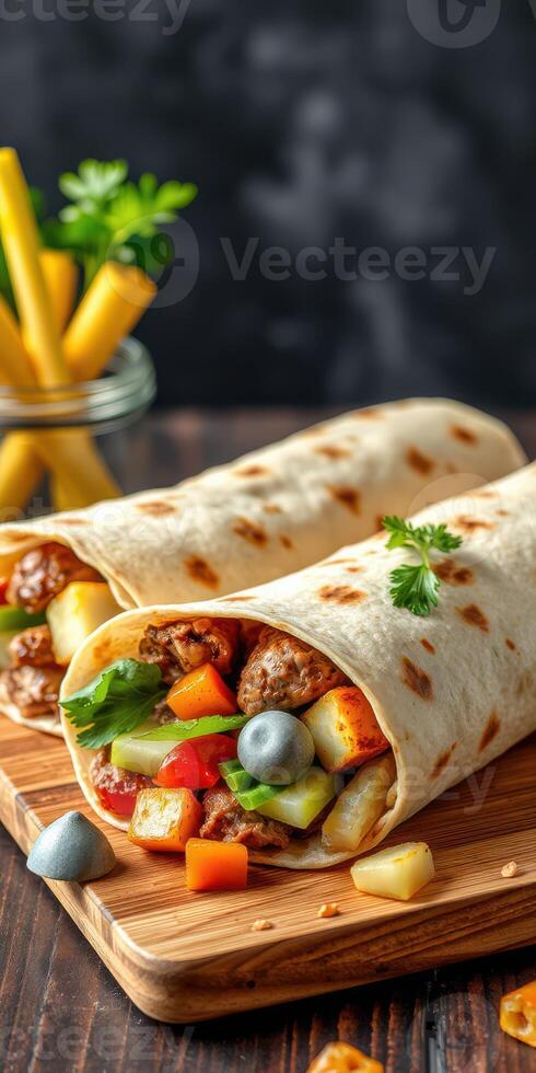 Delicious vegetarian wraps with colorful vegetables and spices served on a wooden board photo
