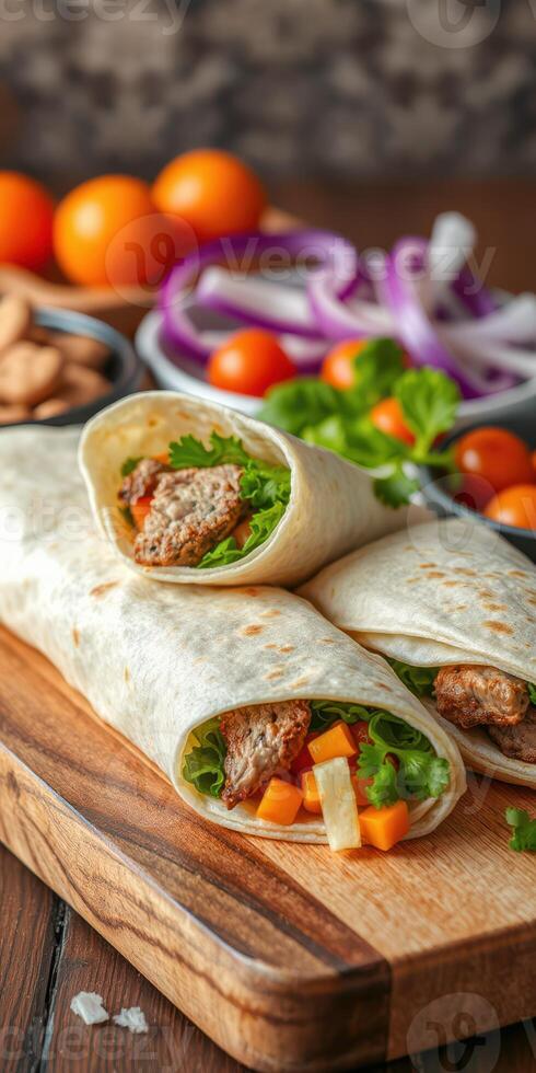 Delicious wraps filled with meat and fresh vegetables served on a wooden board with side garnishes photo