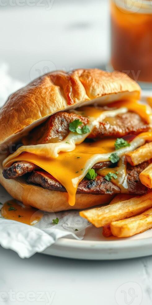 Mouthwatering cheeseburger with golden fries served on a plate in a cozy eatery setting photo