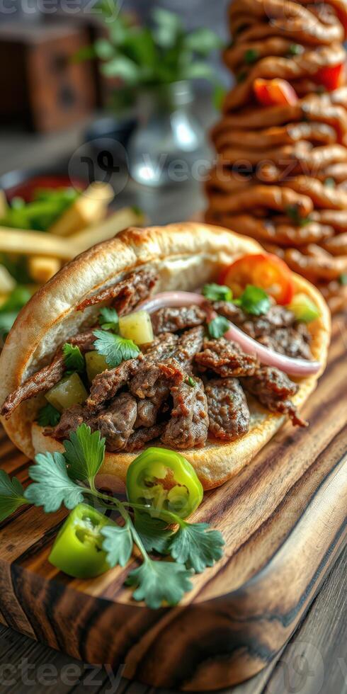 Delicious beef wrap with fresh vegetables served on a wooden board in a rustic setting photo