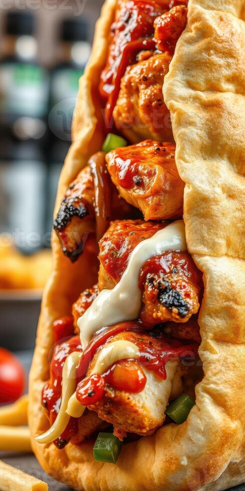 Delicious chicken wrap with sauce and vegetables served in a warm flatbread at a lively restaurant photo
