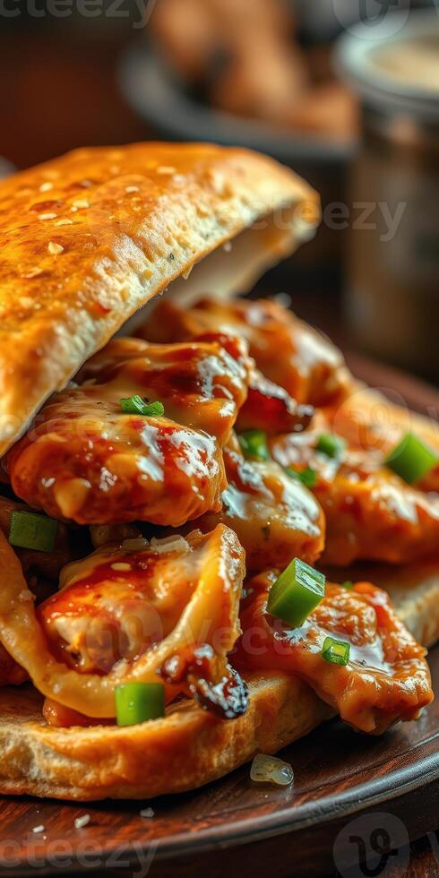 Savory chicken dish served on a warm bun with sauce and garnished with green onions photo