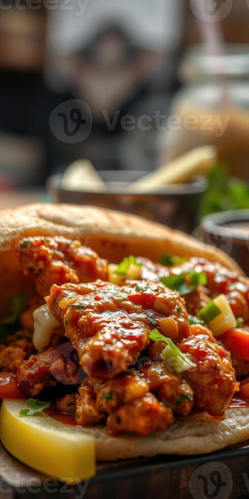Delicious spicy chicken dish served in a warm bread with fresh vegetables and savory sauce photo