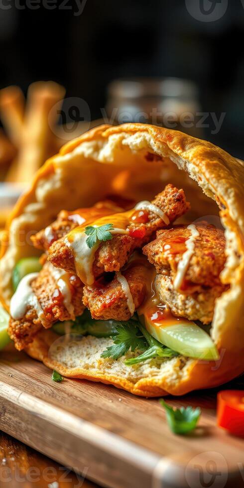 Delicious tender chicken wrapped in a crispy tortilla with fresh vegetables and sauce served on a wooden board photo
