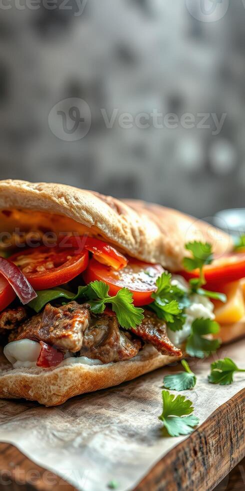 Delicious sandwich filled with grilled meat, fresh vegetables, and herbs, enjoying a mouthwatering moment in a cozy setting photo