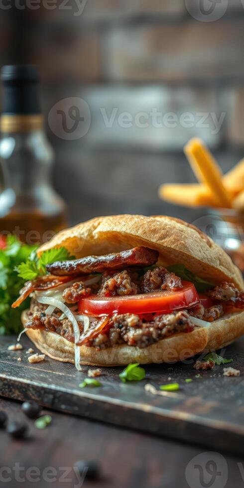 Delicious grilled meat sandwich with fresh vegetables served on a wooden table in a cozy setting photo