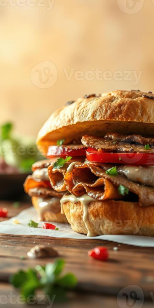 Delicious stacked sandwich with grilled meat, fresh vegetables, and creamy sauce served on a rustic wooden table photo