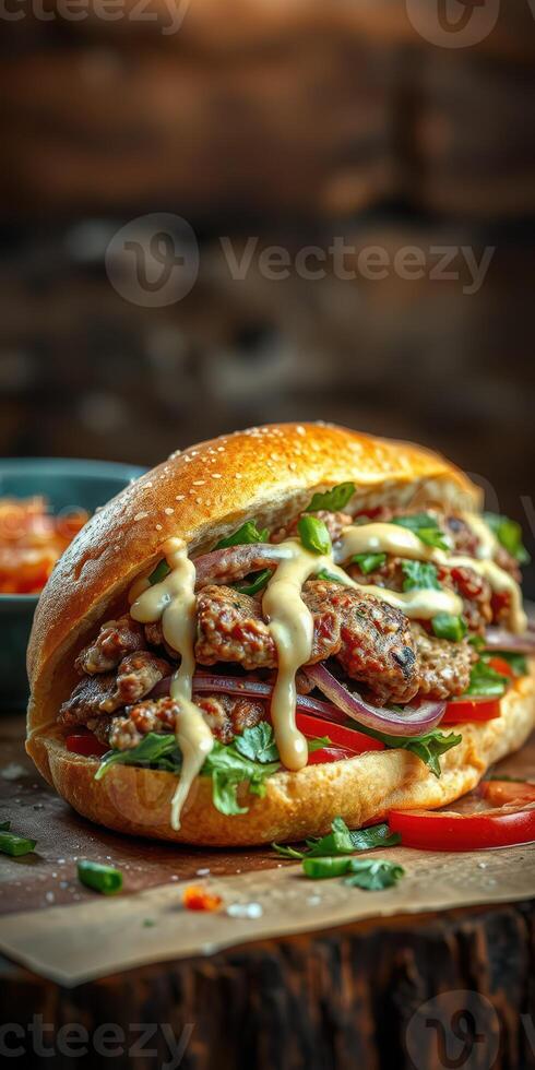 Delicious burger with grilled meat, fresh vegetables, and creamy sauce served in a rustic setting photo