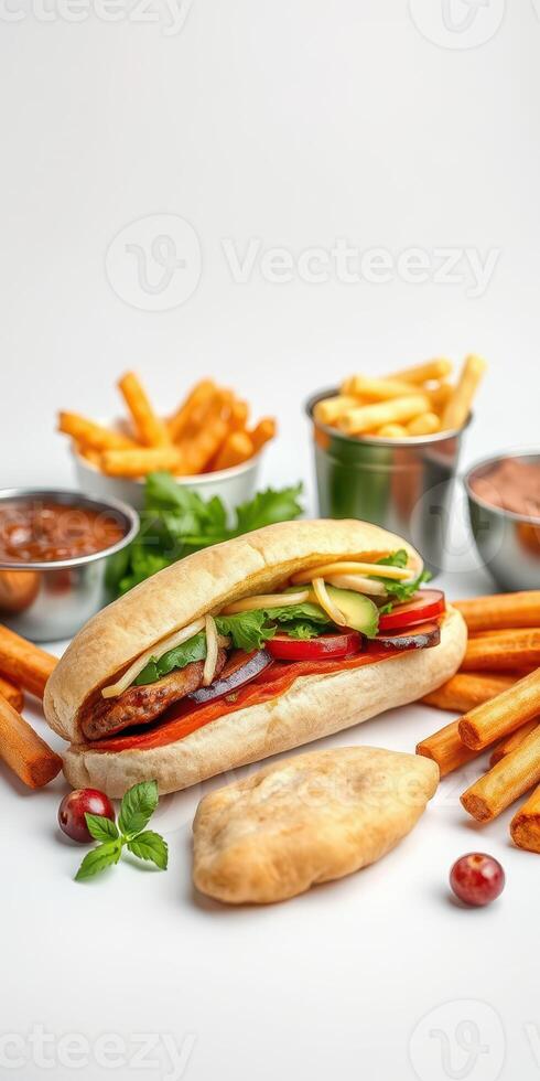 Delicious hot dog served with fries, dipping sauces, and fresh vegetables on a white background photo