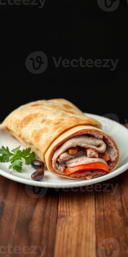 Delicious burrito filled with a mix of savory meats and fresh vegetables resting on a wooden table photo
