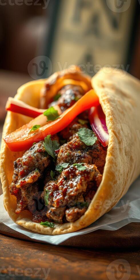 Freshly made wrap filled with savory meat and colorful vegetables in a cozy casual dining setting photo