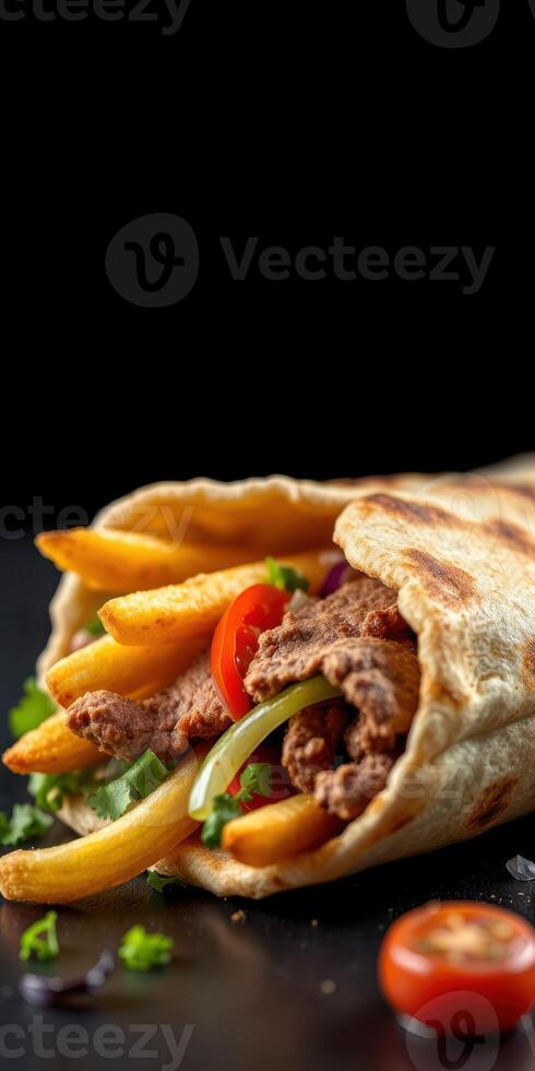 Savory wrap filled with seasoned meat, fresh vegetables, and crispy fries prepared in a cozy kitchen setting photo