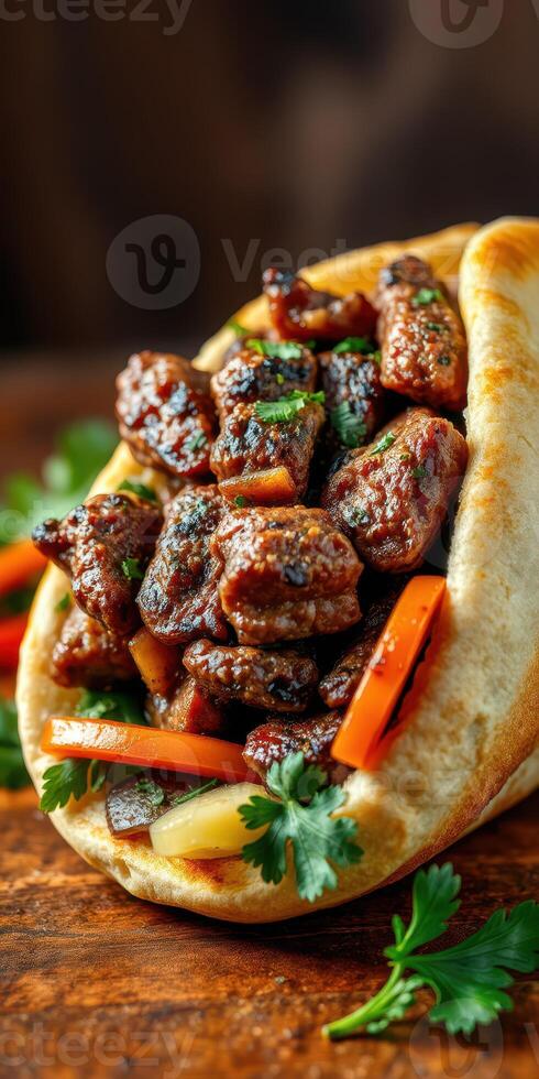 Savory grilled meat wrapped in pita bread with fresh vegetables and herbs served on a wooden surface photo