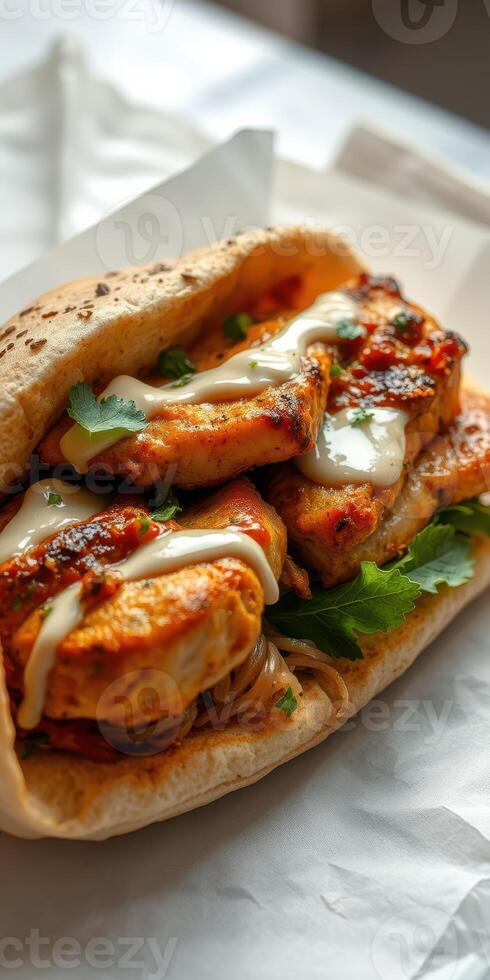 Delicious sandwich filled with spicy grilled chicken, fresh herbs, and creamy sauce served in flatbread photo