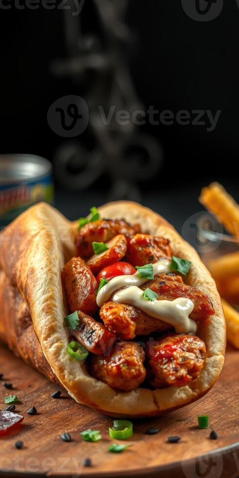 Delicious wrap filled with savory spiced meat, fresh vegetables, and creamy sauce served with crispy fries photo