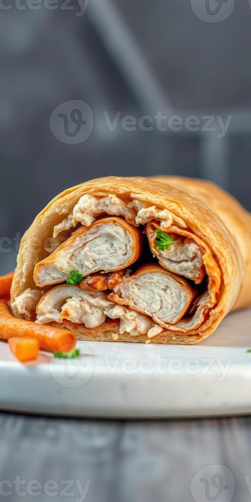 Delicious rolled wrap filled with savory chicken and creamy sauce served with crispy fries photo