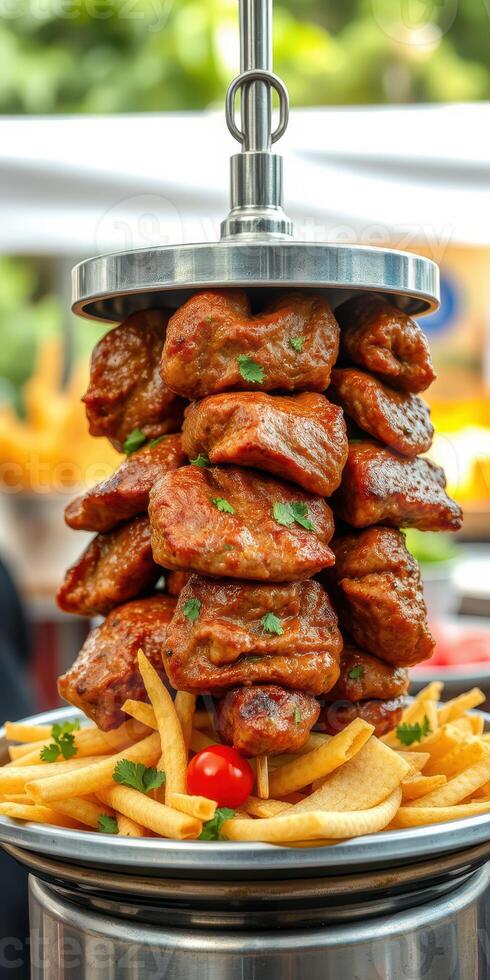 Delicious stacked fried chicken served on a silver platter with crispy fries at a vibrant outdoor food market photo