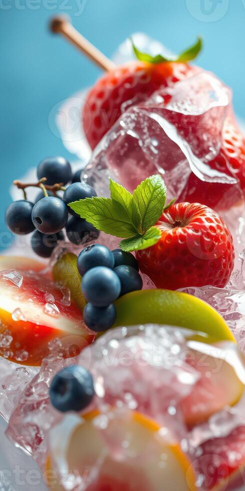 Fresh fruit and ice create a vibrant summer dessert display with strawberries, blueberries, and sliced apples photo
