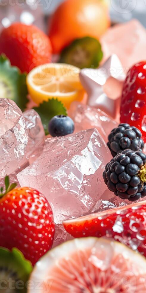 Fresh fruits and colorful ice cubes create a vibrant summer dessert display with strawberries and blueberries photo