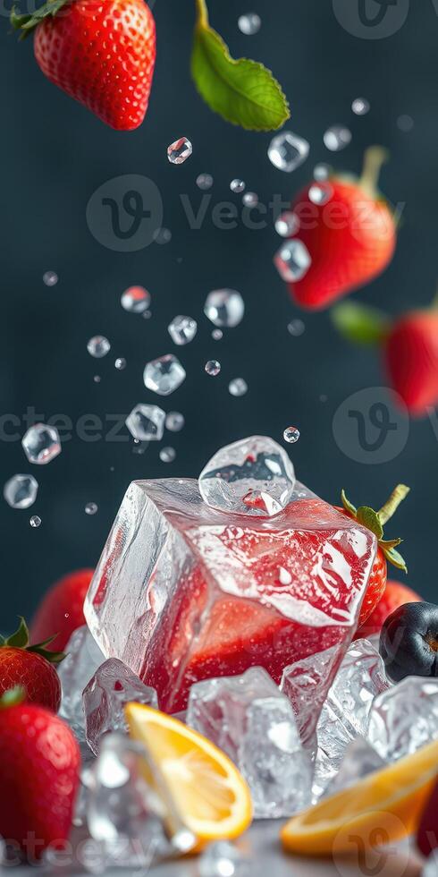 Fresh strawberries and ice create a vibrant splash of color and texture in a refreshing fruit display photo