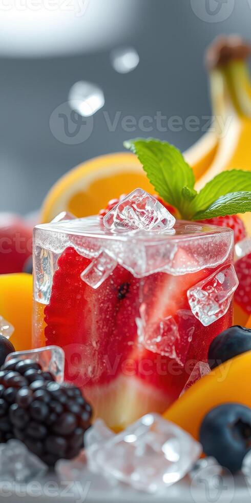 Refreshing berry cocktail garnished with mint and surrounded by fresh fruits photo
