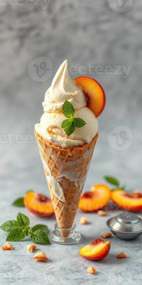 Delicious ice cream cone topped with peach slice and mint leaves presented on a marble surface photo