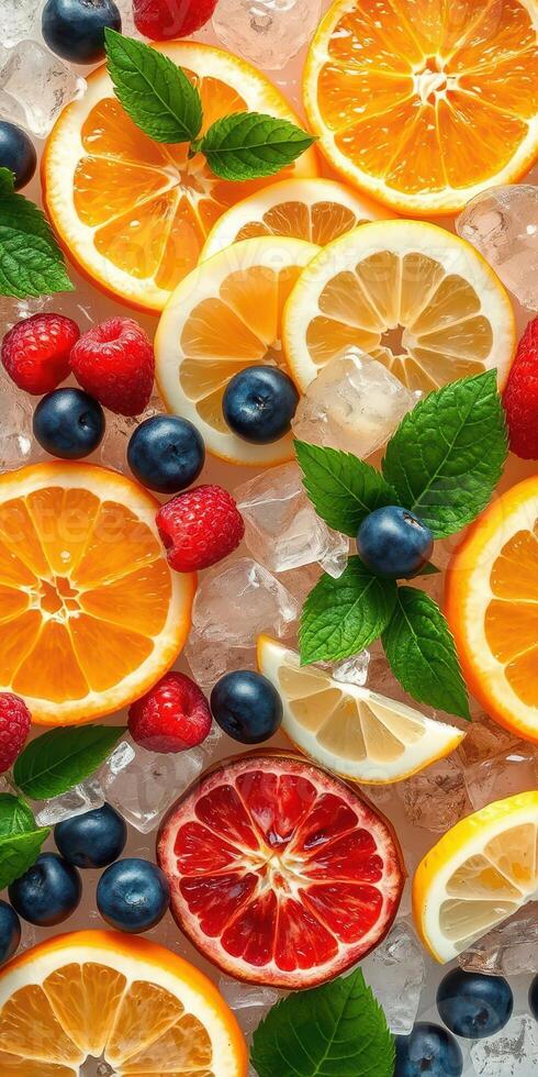 Fresh citrus and berry arrangement with mint leaves on ice for a vibrant summer display photo