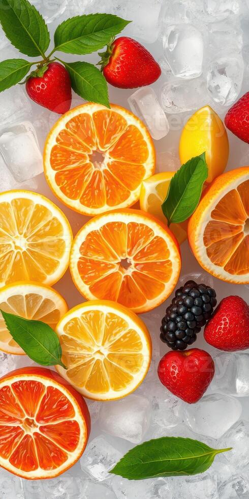 Bright citrus fruits arranged on ice with strawberries and blackberries for a refreshing summer display photo